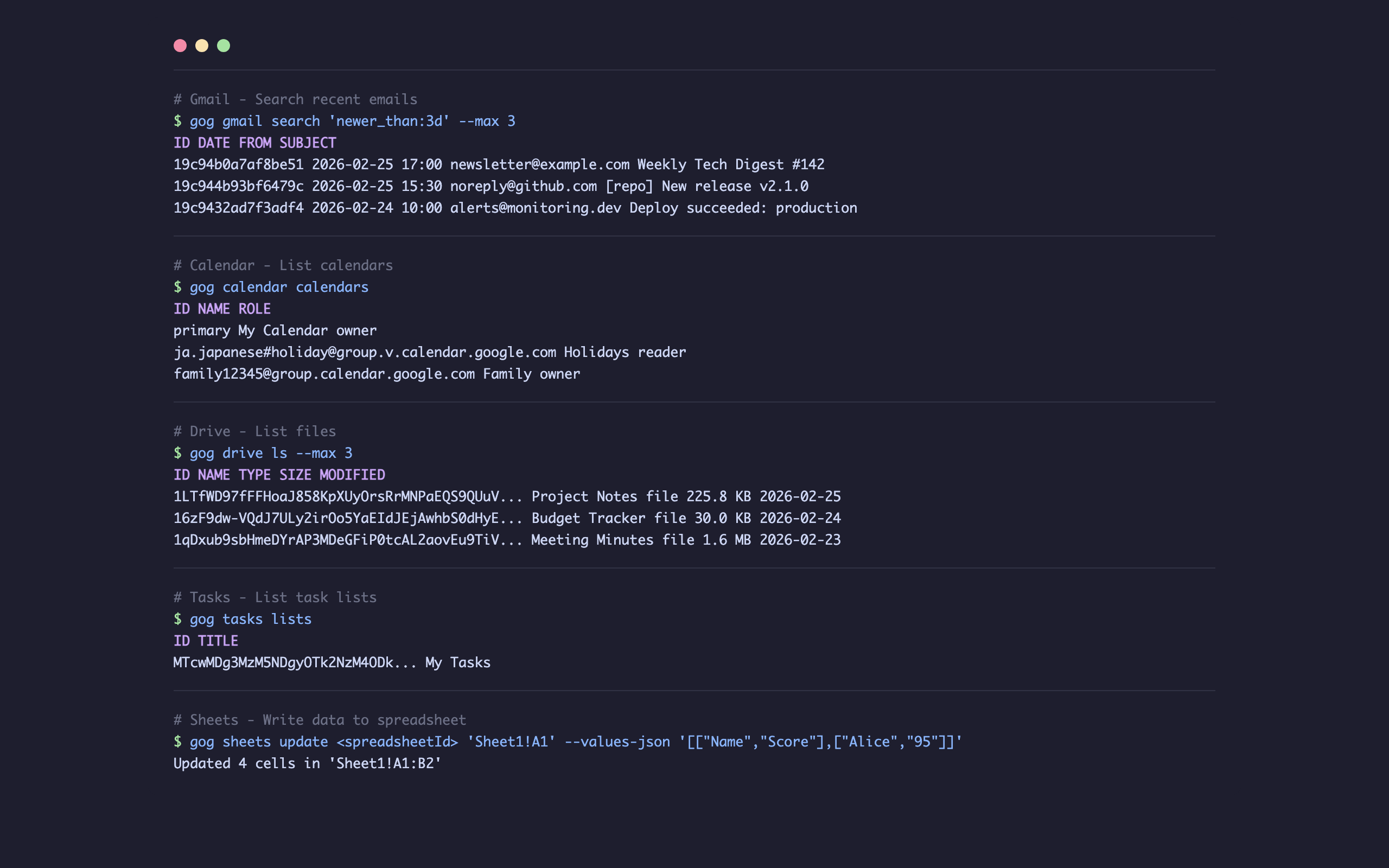 Gmail・Calendar・Drive・Tasks・Sheets の各コマンド実行例