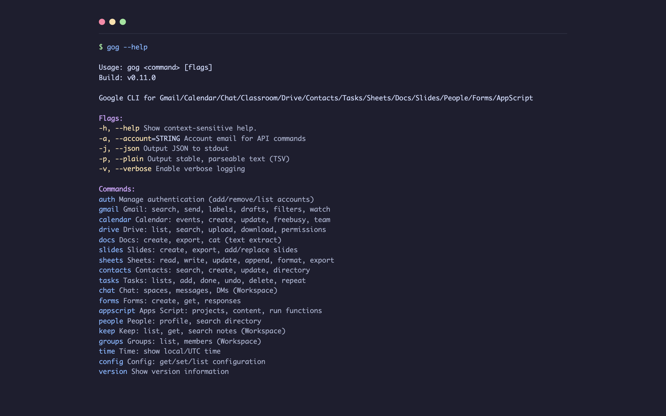gog –help の出力。サブコマンドで各Googleサービスを操作する