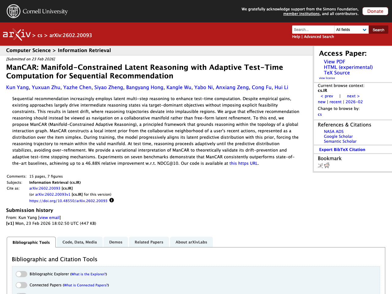ManCAR: Manifold-Constrained Latent Reasoning with Adaptive Test-Time Computation for Sequential Recommendation