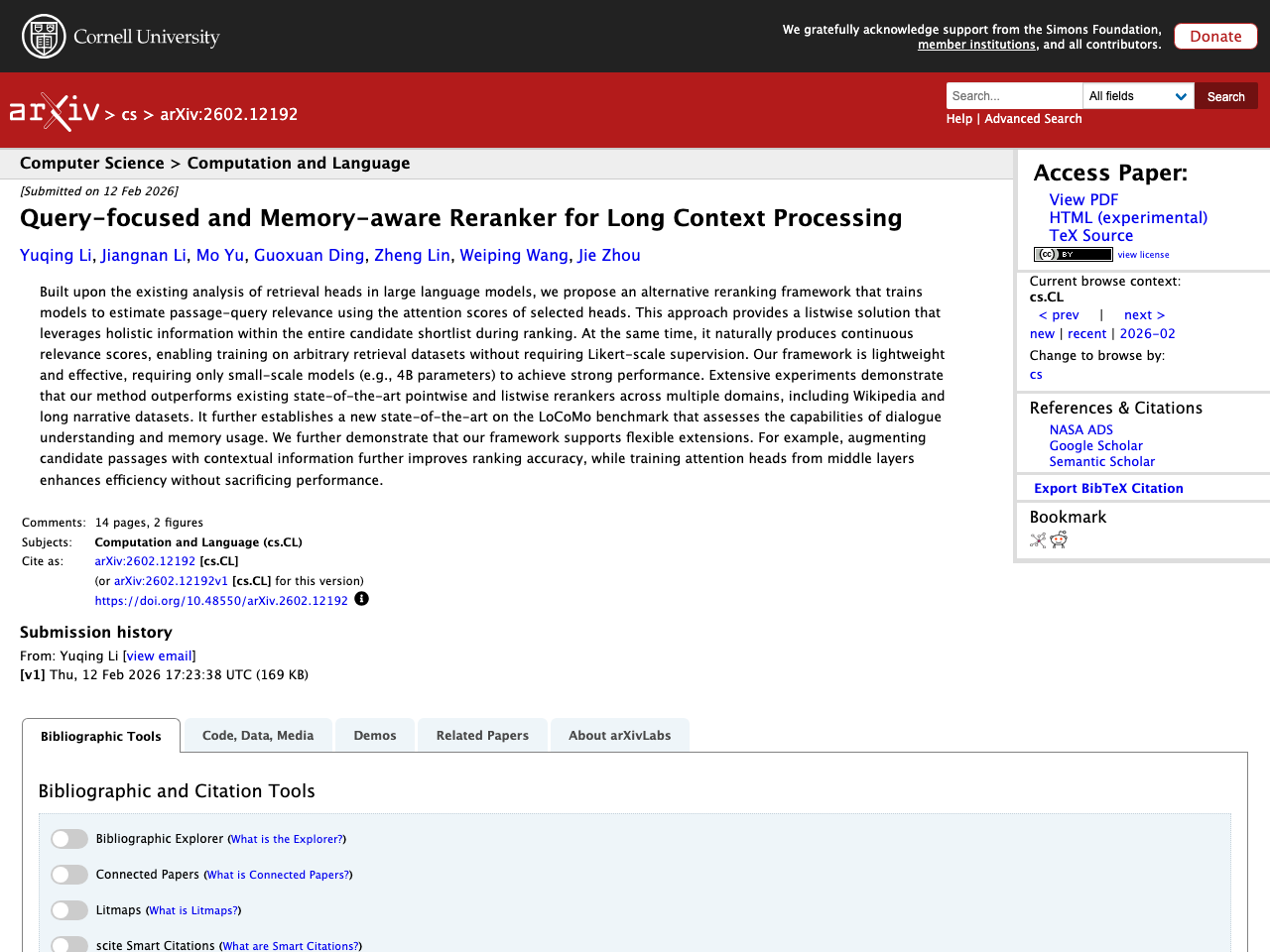 Query-focused and Memory-aware Reranker for Long Context Processing